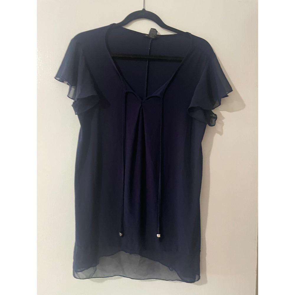 Susan Lawrence Navy Blue Flutter Sleeve V-Neck Blouse Top Size L Style 60210